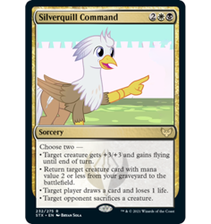 Size: 982x1040 | Tagged: safe, artist:mlp-silver-quill, edit, imported from derpibooru, oc, oc:silver quill, ccg, magic the gathering, trading card, trading card edit