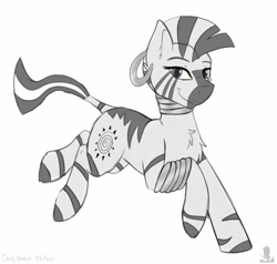 Size: 3681x3500 | Tagged: safe, artist:ezeronaa, artist:monsoonvisionz, imported from derpibooru, zecora, pony, zebra, bracelet, cute, ear piercing, earring, female, galloping, grayscale, jewelry, looking at you, mare, monochrome, neck rings, piercing, quadrupedal, simple background, slim, smiling, solo, thin, white background, zecorable