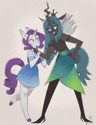 Size: 1340x1758 | Tagged: safe, artist:drmedrick, imported from derpibooru, queen chrysalis, rarity, anthro, changeling, changeling queen, unicorn, blushing, female, rarilis