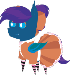 Size: 5699x6073 | Tagged: safe, artist:tikibat, derpibooru exclusive, imported from derpibooru, oc, oc only, oc:stardust, oc:stardust(cosmiceclipse), bat pony, pony, bat pony oc, bat wings, bow, clothes, crossdressing, dress, ear fluff, fangs, femboy, hair bow, male, membranous wings, ponytail, simple background, slit eyes, slit pupils, socks, solo, stallion, striped socks, transparent background, wings