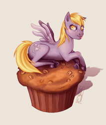 Size: 2550x3000 | Tagged: safe, artist:honeybuzz, artist:lilith-luxe, imported from derpibooru, derpy hooves, pegasus, pony, colored pupils, food, giant muffin, lying down, muffin, prone, simple background, solo, tongue out