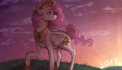 Size: 1518x866 | Tagged: safe, artist:burr-ito, imported from derpibooru, princess celestia, alicorn, pony, female, folded wings, jewelry, mare, pink-mane celestia, raised hoof, regalia, solo, sunrise, wings, younger