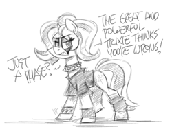 Size: 1200x963 | Tagged: safe, artist:flutterthrash, trixie, pony, unicorn, black and white, choker, clothes, dialogue, female, grayscale, it's not a phase, leg warmers, makeup, mare, monochrome, shirt, solo, spiked choker, spiked wristband, t-shirt, wristband