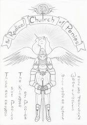 Size: 716x1024 | Tagged: safe, artist:kody wiremane, imported from derpibooru, alicorn, human, alternate universe, armor, black and white, concept, crepuscular rays, cuirass, duo, emblem, essay in description, eyes closed, faceless human, gauntlet, goddess, grayscale, greaves, headcanon, heart shaped, helmet, heraldic ribbon, hoof on shoulder, hoof shoes, horn, human world, knight, light rays, lore in description, mane, monochrome, pauldron, pencil drawing, plate armor, plume, religion, religious headcanon, smiling, sword, text, text in description, the radical church of ponies, traditional art, weapon, wings