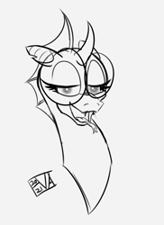 Size: 4000x5500 | Tagged: safe, artist:evan555alpha, imported from ponybooru, oc, oc only, oc:yvette (evan555alpha), changeling, bedroom eyes, bust, changeling oc, dorsal fin, evan's daily buggo, fangs, female, forked tongue, glasses, lidded eyes, open mouth, ponybooru exclusive, portrait, round glasses, signature, simple background, sketch, solo, tongue out, white background
