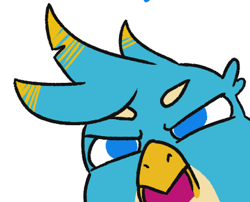 Size: 414x334 | Tagged: safe, artist:jargon scott, imported from ponybooru, gallus, griffon, angry, frown, head only, lidded eyes, looking at you, male, open mouth, simple background, solo, white background