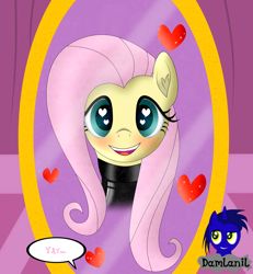 Size: 3840x4154 | Tagged: safe, artist:damlanil, imported from derpibooru, fluttershy, pegasus, pony, blushing, carousel boutique, catsuit, clothes, comic, cute, female, happy, heart, heart eyes, latex, latex suit, looking at you, mare, mirror, open mouth, rubber, shine, shiny, shyabetes, simple background, smiling, spy, suit, text, vector, wingding eyes, wings