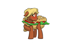 Size: 1998x1446 | Tagged: safe, artist:compound lift, imported from ponybooru, oc, oc only, oc:lamon, pony, /mlp/, blushing, clothes, costume, embarrassed, food, food costume, fourcannon, hoof on leg, looking at you, male, raised hoof, raised leg, sandwich, simple background, stallion, white background