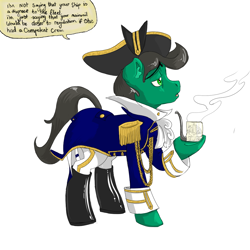 Size: 1000x1000 | Tagged: safe, artist:compound lift, imported from ponybooru, oc, oc only, oc:greenhoof, earth pony, pony, clothes, dialogue, ear fluff, ears, hat, hoof hold, male, open mouth, pipe, raised hoof, raised leg, solo, stallion