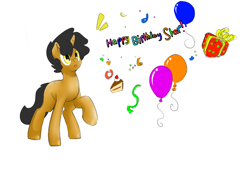 Size: 1998x1446 | Tagged: safe, artist:compound lift, imported from ponybooru, oc, oc only, oc:star, pony, unicorn, balloon, birthday, cake, food, happy birthday, horn, male, present, raised hoof, raised leg, simple background, solo, stallion, text, white background