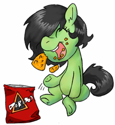 Size: 436x473 | Tagged: safe, artist:compound lift, artist:lockhe4rt, edit, imported from ponybooru, oc, oc only, oc:filly anon, earth pony, pony, chips, colored, doritos, eating, eyes closed, female, filly, food, open mouth, simple background, sitting, solo, underhoof, white background