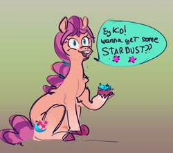 Size: 3124x2764 | Tagged: safe, artist:alumx, imported from derpibooru, sunny starscout, earth pony, pony, spoiler:g5, dialogue, female, g5, gradient background, high res, implied drugs, mare, open mouth, sitting, solo, speech bubble, talking to viewer