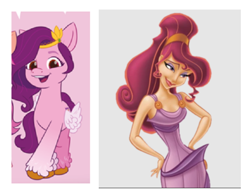 Size: 628x475 | Tagged: safe, imported from derpibooru, pipp petals, human, pegasus, pony, spoiler:g5, comparison, female, g5, hercules, mare, meg, megara, meme, pipp, red eyes, separated at birth
