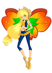 Size: 2059x2912 | Tagged: safe, artist:iikiui, imported from derpibooru, applejack, fairy, human, equestria girls, believix, boots, clothes, colored wings, cowboy boots, cowboy hat, crossover, fairy wings, fairyized, gloves, gradient wings, hand on hip, hat, high heel boots, high heels, orange wings, shoes, simple background, sparkly wings, transparent background, wings, winx, winx club, winxified