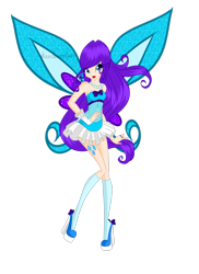 Size: 2091x2868 | Tagged: safe, artist:iikiui, imported from derpibooru, rarity, fairy, human, equestria girls, bare shoulders, believix, blue wings, clothes, crossover, dress, fairy wings, fairyized, high heels, jewelry, necklace, pearl necklace, shoes, simple background, socks, sparkly wings, strapless, transparent background, wings, winx, winx club, winxified