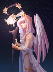 Size: 1280x1718 | Tagged: safe, artist:amyszek, imported from derpibooru, princess celestia, human, alicorn humanization, alternate hairstyle, bracer, clothes, dress, female, horn, horned humanization, humanized, jewelry, lantern, night, pink-mane celestia, queen celestia, regalia, solo, staff, stars, winged humanization, wings