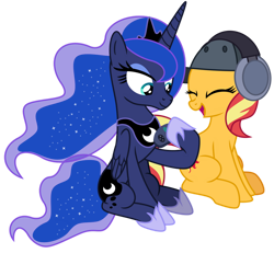 Size: 1024x948 | Tagged: safe, artist:emeraldblast63, imported from derpibooru, princess luna, sunset shimmer, alicorn, pony, unicorn, gamer luna, backwards cutie mark, cute, duo, duo female, eyes closed, female, gamer, handheld, lesbian, lunashimmer, mare, shimmerbetes, shipping, simple background, sitting, transparent background