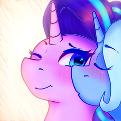 Size: 3086x3086 | Tagged: safe, artist:legionsunite, imported from derpibooru, starlight glimmer, trixie, pony, unicorn, blushing, cheek kiss, duo, female, kiss on the cheek, kissing, lesbian, mare, shipping, simple background, startrix