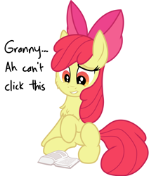 Size: 1722x2034 | Tagged: safe, artist:byteslice, artist:litrojia, imported from derpibooru, apple bloom, earth pony, pony, .svg available, book, boomer humor, bow, cheek fluff, chest fluff, collaboration, copypasta, female, filly, hair bow, implied granny smith, mare, meme, raised hoof, simple background, sitting, solo, svg, vector, white background