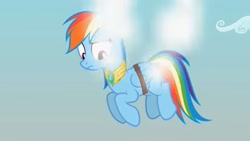 Size: 1280x720 | Tagged: safe, artist:agrol, imported from derpibooru, rainbow dash, pegasus, pony, amulet, amulet of wings, artificial wings, augmented, bandage, bandaged wing, choose your wings, jewelry, magic, magic wings, shocked, smoke, solo, wings