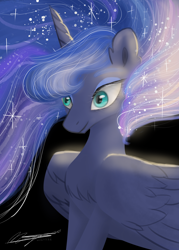 Size: 3000x4200 | Tagged: safe, artist:magnusmagnum, imported from derpibooru, princess luna, alicorn, pony, black background, bust, chest fluff, ethereal mane, eyeshadow, female, looking at something, makeup, mare, portrait, shading, signature, simple background, smiling, solo, style emulation, wings