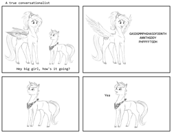 Size: 4250x3300 | Tagged: safe, artist:stray prey, imported from derpibooru, oc, oc only, oc:lucent, oc:veen sundown, horse, pegasus, pony, unicorn, 4 panel comic, clothes, comic, duo, excited, female, gibberish, male, mare, scarf, simple background, size difference, spread wings, stallion, sundown clan, text, white background, wings