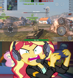 Size: 817x864 | Tagged: safe, artist:edy_january, imported from derpibooru, fluttershy, sunset shimmer, human, pegasus, unicorn, equestria girls, angry, comparison, controller, duo, duo female, female, humanized, kv-2, livestream, meme, multiplayer, online game, open mouth, rage, river, stream, streaming, sunset shimmer frustrated at game, tell me what you need, wargames, world of tanks, world of tanks blitz