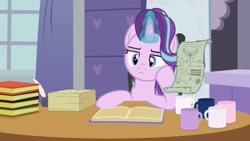 Size: 1280x720 | Tagged: safe, artist:agrol, imported from derpibooru, starlight glimmer, book, bored, choose your wings, desk, hoof on chin, scroll