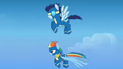 Size: 1280x720 | Tagged: safe, artist:agrol, imported from derpibooru, rainbow dash, soarin', pegasus, amulet, amulet of wings, artificial wings, augmented, bandage, bandaged wing, choose your wings, clothes, duo, jewelry, magic, magic wings, uniform, wings, wonderbolts, wonderbolts uniform