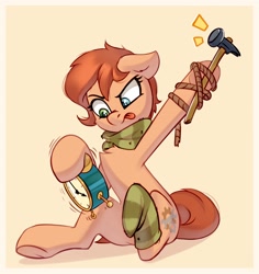 Size: 2790x2950 | Tagged: safe, artist:taneysha, imported from derpibooru, oc, oc only, oc:rusty gears, earth pony, pony, alarm clock, clock, clothes, female, hammer, heterochromia, hoof attachment, scarf, sitting, sock, solo, tongue out