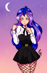 Size: 550x850 | Tagged: safe, artist:kulkry, imported from derpibooru, princess luna, human, candy, clothes, dress, food, humanized, lollipop, moon, solo