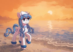 Size: 2032x1462 | Tagged: safe, artist:koviry, imported from derpibooru, part of a set, oc, oc only, earth pony, pony, beach, commission, female, ika musume, mare, ponified, raised hoof, scenery, smiling, solo, squid girl, sun, water, ych result