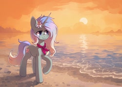Size: 2032x1462 | Tagged: safe, artist:koviry, imported from derpibooru, part of a set, oc, oc only, pony, unicorn, beach, commission, raised hoof, scenery, smiling, solo, sun, water, ych result