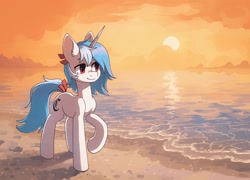 Size: 2032x1462 | Tagged: safe, artist:koviry, imported from derpibooru, part of a set, oc, oc only, oc:clairvoyance, pony, unicorn, beach, blackletter, commission, raised hoof, scenery, smiling, solo, sun, water, ych result