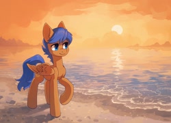 Size: 2032x1462 | Tagged: safe, artist:koviry, imported from derpibooru, part of a set, oc, oc only, oc:crushingvictory, pegasus, pony, beach, commission, orange background, raised hoof, scenery, simple background, smiling, solo, sun, water, ych result