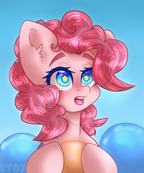 Size: 2000x2400 | Tagged: safe, artist:etoz, imported from derpibooru, pinkie pie, earth pony, pony, balloon, blushing, ethereal mane, eyebrows, female, high res, looking at something, mare, open mouth, sky, solo, starry eyes, starry mane, wingding eyes