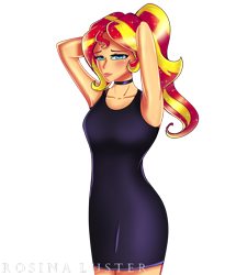 Size: 1920x2343 | Tagged: safe, artist:melanyoprisdraws, artist:opal_radiance, imported from derpibooru, sunset shimmer, equestria girls, armpits, black dress, blushing, choker, clothes, dress, female, looking at you, multicolored hair, ponytail, simple background, solo, text, transparent background