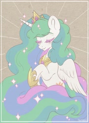 Size: 1475x2048 | Tagged: safe, artist:hawthornss, imported from derpibooru, princess celestia, alicorn, armor, blushing, crown, ethereal mane, eyes closed, horseshoes, jewelry, long mane, regalia, simple background, smiling, sparkles