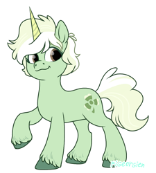 Size: 860x956 | Tagged: safe, artist:pigeorgien, imported from derpibooru, oc, oc only, oc:trefoil clover, pony, unicorn, spoiler:g5, female, g4, g4 to g5, g5, mare, raised hoof, signature, simple background, solo, unshorn fetlocks, white background
