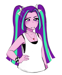 Size: 1243x1507 | Tagged: safe, artist:screebs, imported from derpibooru, aria blaze, equestria girls, ariabetes, breasts, cleavage, clothes, cute, female, jewelry, multicolored hair, necklace, pigtails, purple eyes, simple background, sleeveless, solo, twintails, white background, wristband