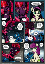 Size: 2480x3508 | Tagged: safe, artist:dsana, imported from derpibooru, fizzlepop berrytwist, tempest shadow, oc, oc:lullaby dusk, oc:thistledown, earth pony, pegasus, pony, unicorn, comic:a storm's lullaby, armor, bandage, bandaged leg, bandaged wing, comic, crying, crystal armor, female, filly, glowing eyes, high res, horn, lightning, mare, sad, scar, snow, snowfall, tempest gets her horn back, wings