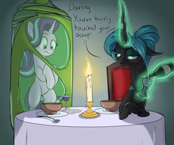 Size: 1280x1067 | Tagged: safe, artist:rocket-lawnchair, imported from derpibooru, queen chrysalis, starlight glimmer, changeling, changeling queen, unicorn, alcohol, bottle, candle, candlelight dinner, cocoon, dinner, female, food, levitation, magic, soup, telekinesis, wine, wine bottle