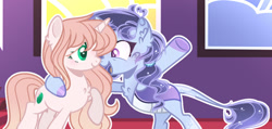 Size: 1280x610 | Tagged: safe, artist:auroranovasentry, imported from derpibooru, oc, oc only, oc:lavender skies, oc:violet, changepony, hybrid, pony, unicorn, bipedal, duo, duo female, female, interspecies offspring, mare, offspring, open mouth, parent:fluttershy, parent:pharynx, parent:trixie, parents:phartrix