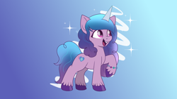 Size: 3416x1921 | Tagged: safe, artist:enviaart, artist:envygirl95, imported from derpibooru, izzy moonbow, pony, unicorn, spoiler:g5, female, g5, gradient background, izzy, mare, open mouth, raised hoof, solo, unshorn fetlocks