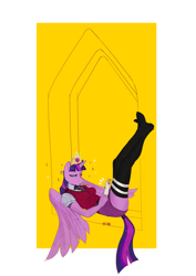 Size: 3493x4940 | Tagged: safe, artist:cadillac-dynamite, artist:cadillacdynamite, imported from derpibooru, twilight sparkle, alicorn, anthro, plantigrade anthro, clothes, crown, feet, feet up, female, jewelry, mouth hold, pencil, regalia, socks, solo, stocking feet, stockings, sweater vest, thigh highs, twilight sparkle (alicorn)