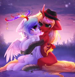 Size: 2333x2404 | Tagged: safe, artist:shenki, artist:tomness, imported from derpibooru, oc, oc only, pegasus, pony, unicorn, antlers, curved horn, duo, fedora, female, floppy ears, hat, horn, hug, looking at each other, m'lady, male, mare, mlem, pegasus oc, silly, tongue out, unicorn oc, wings