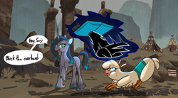 Size: 1572x870 | Tagged: safe, artist:hitsuji, artist:mane6, imported from derpibooru, fhtng th§ ¿nsp§kbl, oleander, paprika paca, demon, them's fightin' herds, book, community related, crouching, dialogue, fred, looking back, looking up, oleander (tfh), paprika (tfh), scared