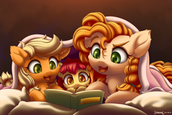 Size: 2840x1900 | Tagged: safe, alternate version, artist:symbianl, imported from derpibooru, apple bloom, applejack, pear butter, earth pony, pony, adorabloom, bed, blanket, book, cheek fluff, chest fluff, cute, ear fluff, family, female, filly, fluffy, jackabetes, leg fluff, lying down, mother and child, mother and daughter, pearabetes, pillow, prone, reading, siblings, sisters, symbianl is trying to murder us, younger