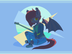 Size: 800x600 | Tagged: safe, artist:phi, imported from derpibooru, oc, oc only, oc:trešen, anthro, bat pony, abstract background, backlighting, clothes, converse, female, guitar, looking at you, musical instrument, shoes, solo