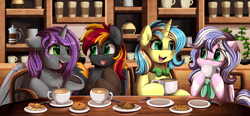 Size: 3717x1729 | Tagged: safe, artist:pridark, imported from derpibooru, oc, oc only, alicorn, pegasus, pony, unicorn, alicorn oc, bowtie, cafe, chest fluff, coffee, cup, drinking, food, horn, smiling, spoon, teacup, teaspoon, wings